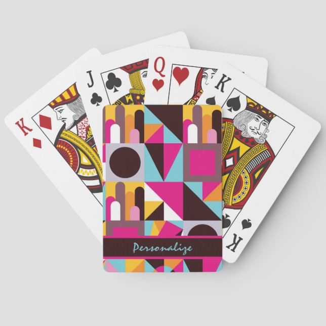 Wild Retro Geometric Pattern Hot Pink Blue Black Playing Cards (Back)
