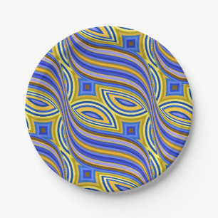 Wild Retro Psychedelic Blue Yellow Pattern Paper Plate