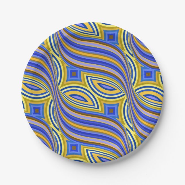 Wild Retro Psychedelic Blue Yellow Pattern Paper Plate (Front)