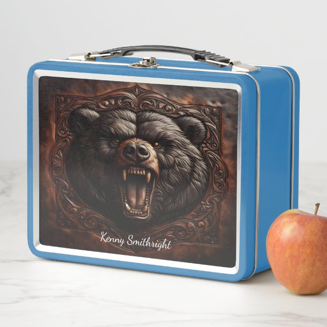 Wild Roar: Leather Engraved Grizzly Masterpiece Metal Lunch Box (In Situ)