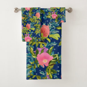 Wild rose, blue background, wild rose, roses, pink bath towel set