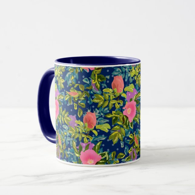 Wild rose, blue background, wild rose, roses, pink mug (Front Left)