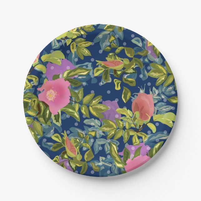 Wild rose, blue background, wild rose, roses, pink paper plate (Front)