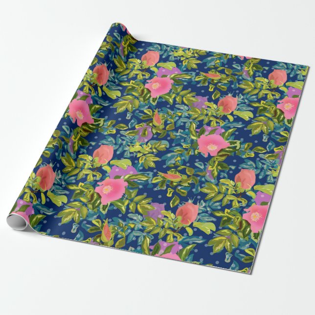 Wild rose, blue background, wild rose, roses, pink wrapping paper (Unrolled)