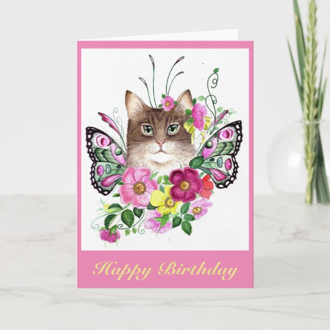 Wild rose fairy kitty birthday card (Front)