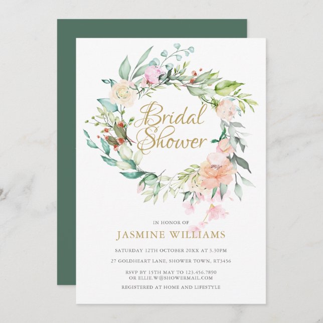 Wild Rose Floral Gold Script Bridal Shower Invitation (Front/Back)