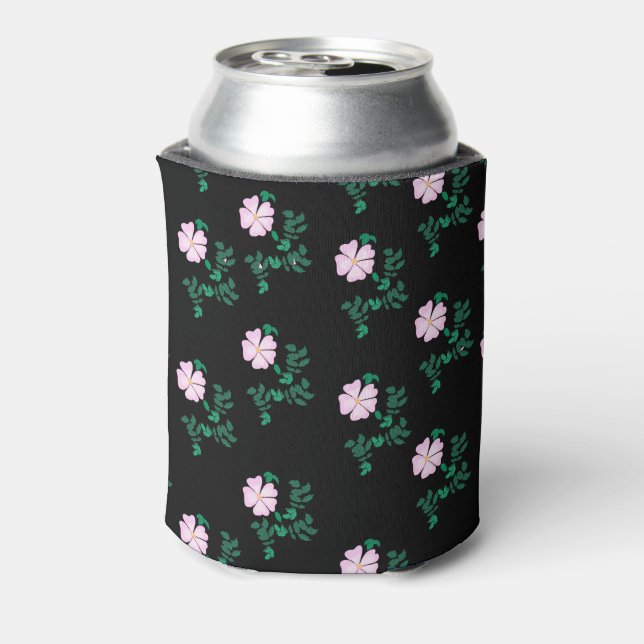 Wild Rose - Floral Pattern on Black Background  Can Cooler (Can Back)