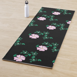 Wild Rose - Floral Pattern on Black Background Yoga Mat