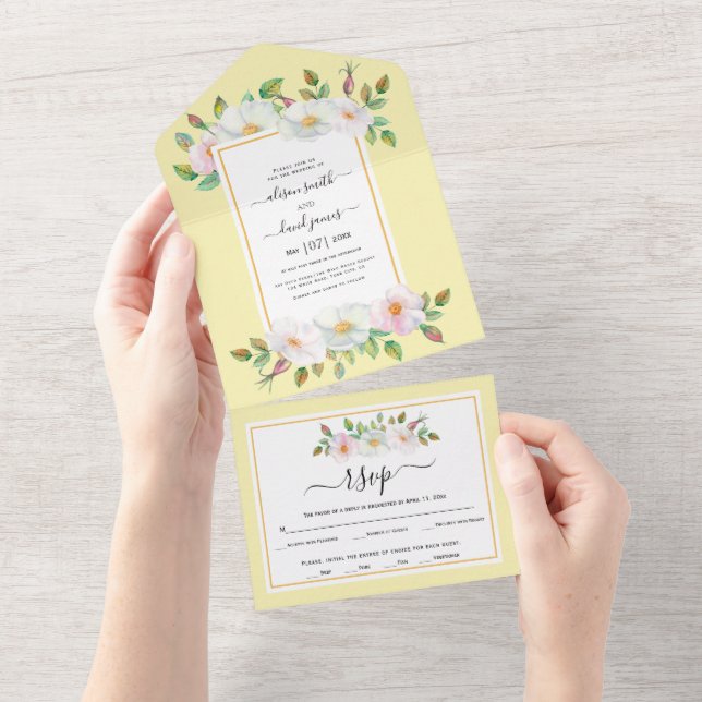 Wild rose flowers butter yellow floral wedding all in one invitation (Tearaway)