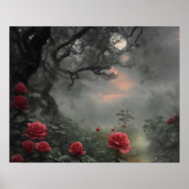 Wild rose garden - moody dark forest full moon poster (Front)
