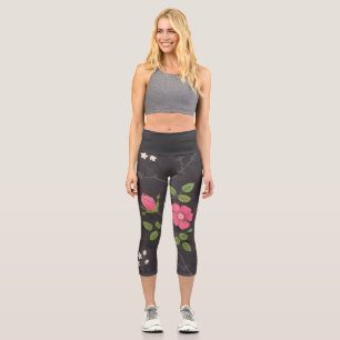 Wild rose textile design on dark background capri leggings