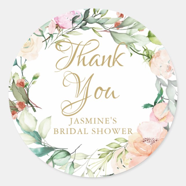 Wild Rose Watercolour Floral Script Bridal Shower Classic Round Sticker (Front)