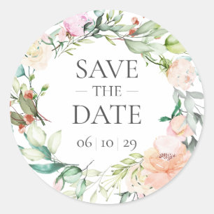 Wild Rose Watercolour Garland Save the Date Classic Round Sticker
