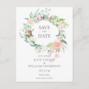 Wild Rose Watercolour Garland Save the Date Postcard