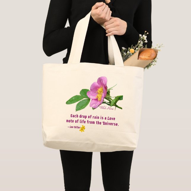 Wild Rose Wildflower Rain Quote Large Tote Bag (Front (Product))