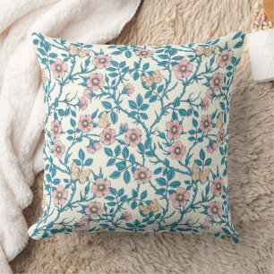 Wild roses and butterflies /pink/blue/off white cushion