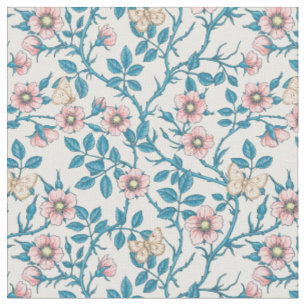 Wild roses and butterflies /pink/blue/off white fabric