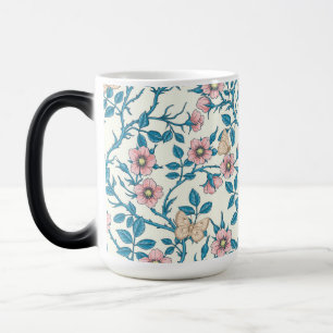 Wild roses and butterflies /pink/blue/off white magic mug
