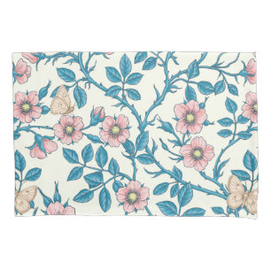 Wild roses and butterflies /pink/blue/off white pillowcase