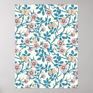 Wild roses and butterflies /pink/blue/off white poster