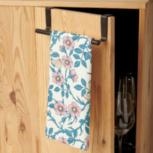 Wild roses and butterflies /pink/blue/off white tea towel