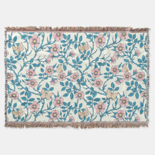 Wild roses and butterflies /pink/blue/off white throw blanket
