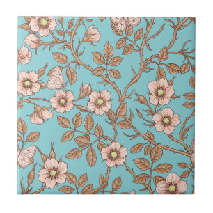 Wild roses and butterflies /pink/brown/pool ceramic tile
