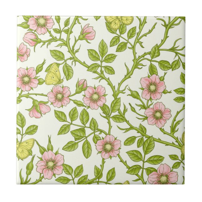 Wild roses and butterflies /pink/pale green/yellow ceramic tile (Front)