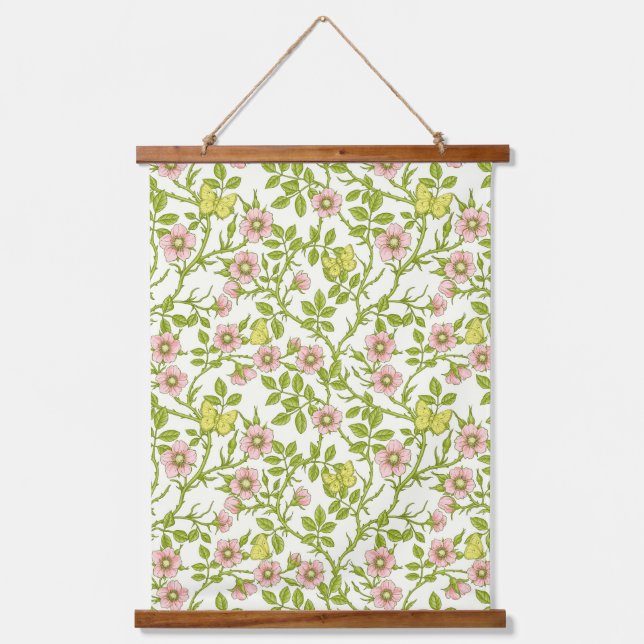 Wild roses and butterflies /pink/pale green/yellow hanging tapestry (Front)