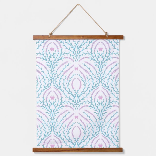 Wild roses and butterflies /pink/pale green/yellow hanging tapestry (Front)