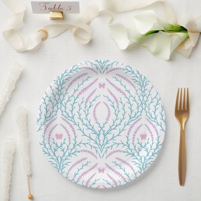 Wild roses and butterflies /pink/pale green/yellow paper plate (Wedding)