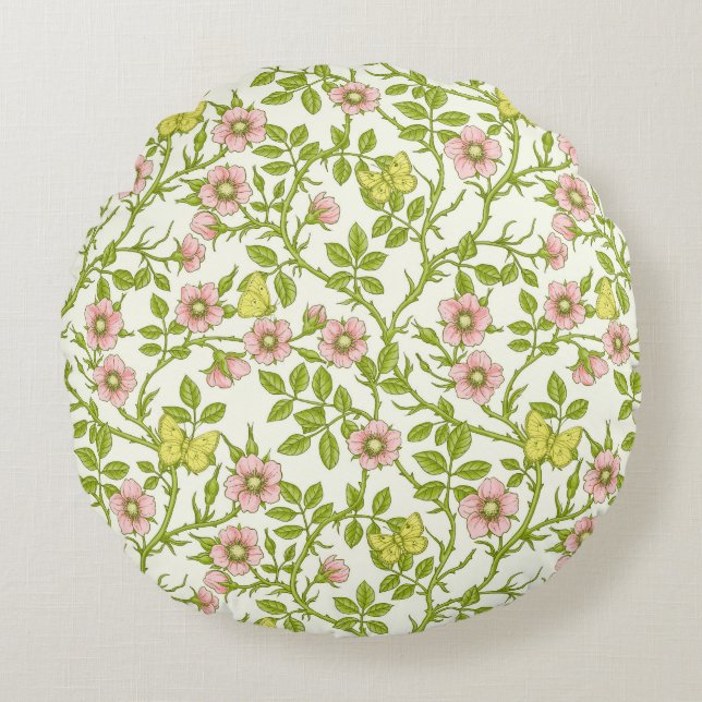 Wild roses and butterflies /pink/pale green/yellow round cushion (Front)