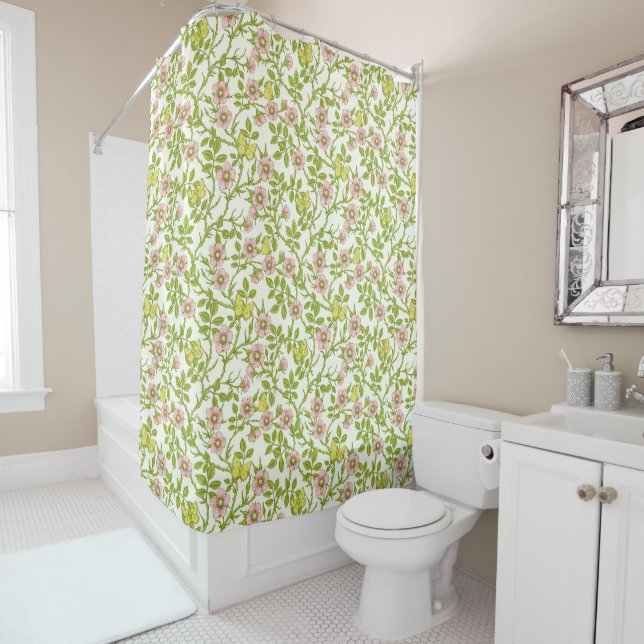 Wild roses and butterflies /pink/pale green/yellow shower curtain (In Situ)