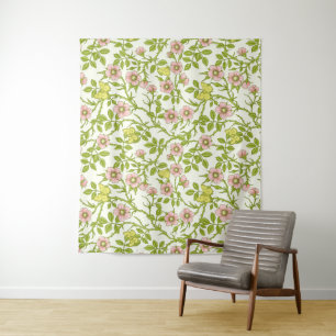 Wild roses and butterflies /pink/pale green/yellow tapestry