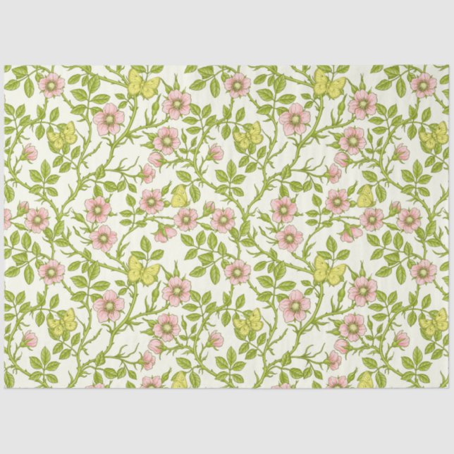 Wild roses and butterflies /pink/pale green/yellow tissue paper (Front)