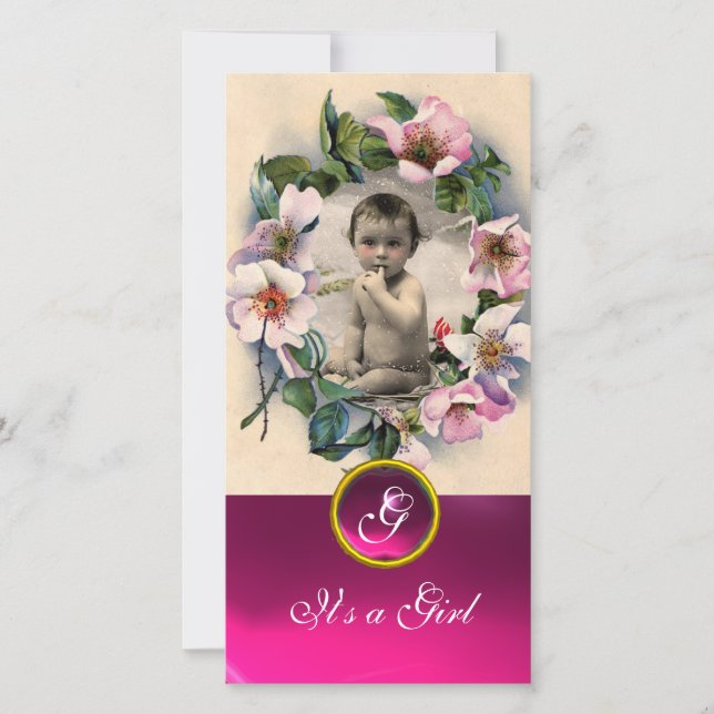 WILD ROSES AND PINK GEMSTONE  MONOGRAM ANNOUNCEMENT (Front)