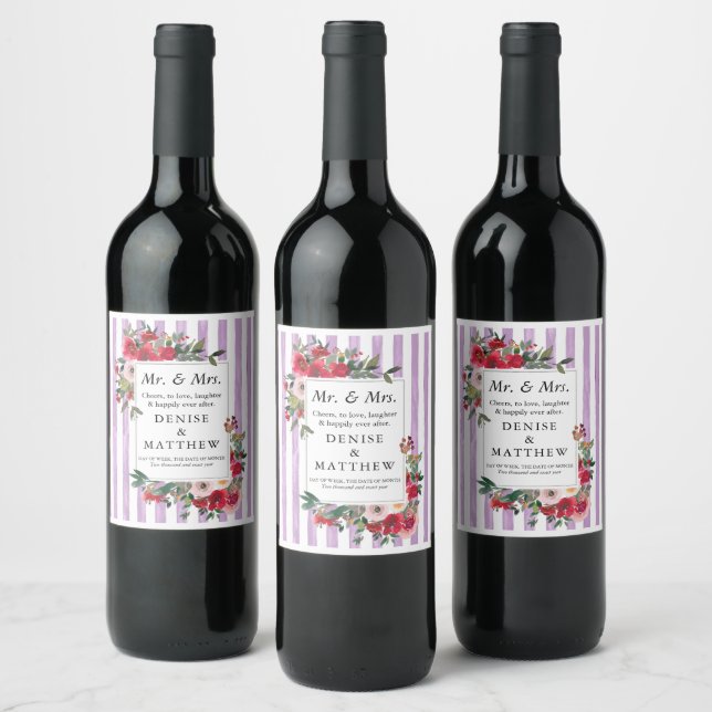 Wild Roses & Digital Lavender Stripe Wine Label (Bottles)