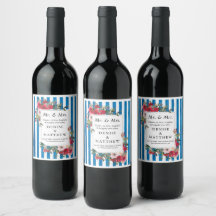 Wild Roses & French Blue Stripe Wine Label