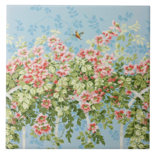 WILD ROSES ,GREEN LEAVES ,FLYING BIRD IN BLUE SKY  CERAMIC TILE (Front)