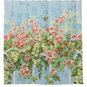 WILD ROSES ,GREEN LEAVES ,FLYING BIRD IN BLUE SKY  SHOWER CURTAIN
