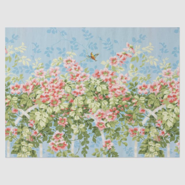 WILD ROSES ,GREEN LEAVES ,FLYING BIRD IN BLUE SKY  TISSUE PAPER (Front)
