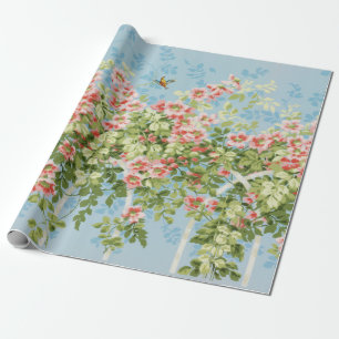 WILD ROSES ,GREEN LEAVES ,FLYING BIRD IN BLUE SKY  WRAPPING PAPER