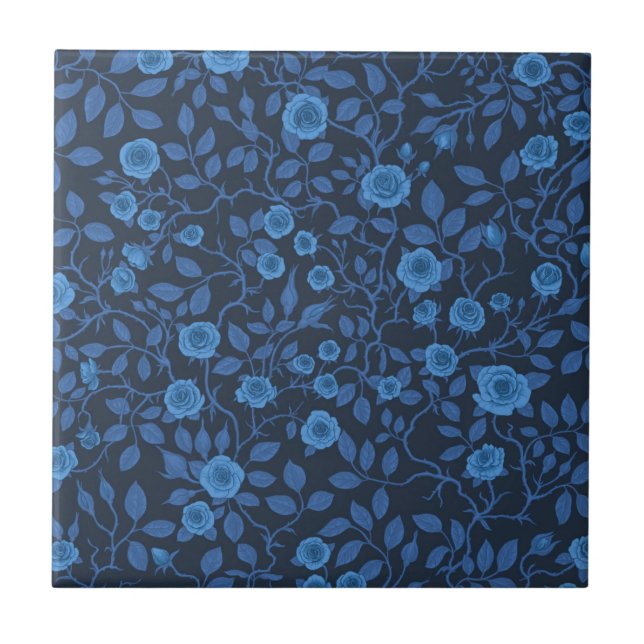 Wild roses in blue ceramic tile (Front)