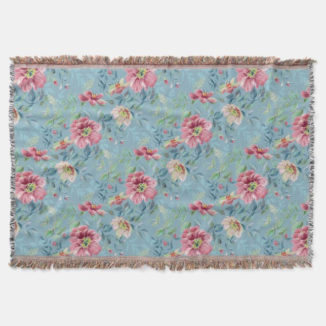 Wild Roses Multicolor on Blue Throw Blanket (Front)