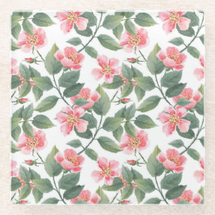 Wild Roses Watercolor Floral Seamless Glass Coaster
