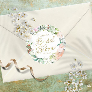 Wild Roses Watercolour Script Bridal Shower Favour Classic Round Sticker