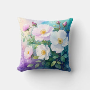 Wild Roses White Pink Blue Teal Purple Watercolors Cushion
