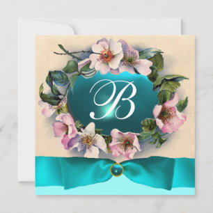 WILD ROSES WITH AQUA BLUE ,TEAL RIBBON ,MONOGRAM INVITATION