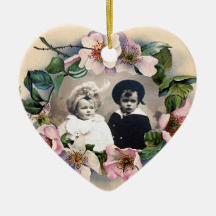 WILD ROSES WITH GEM STONE MONOGRAM PHOTO TEMPLATE CERAMIC ORNAMENT