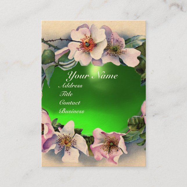 WILD ROSES WITH GREEN GEM STONE MONOGRAM BUSINESS CARD (Front)